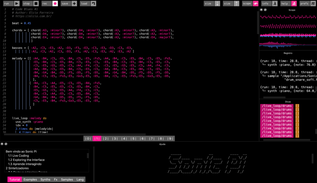 Screenshot do Sonic Pi com o código que toca um Blues