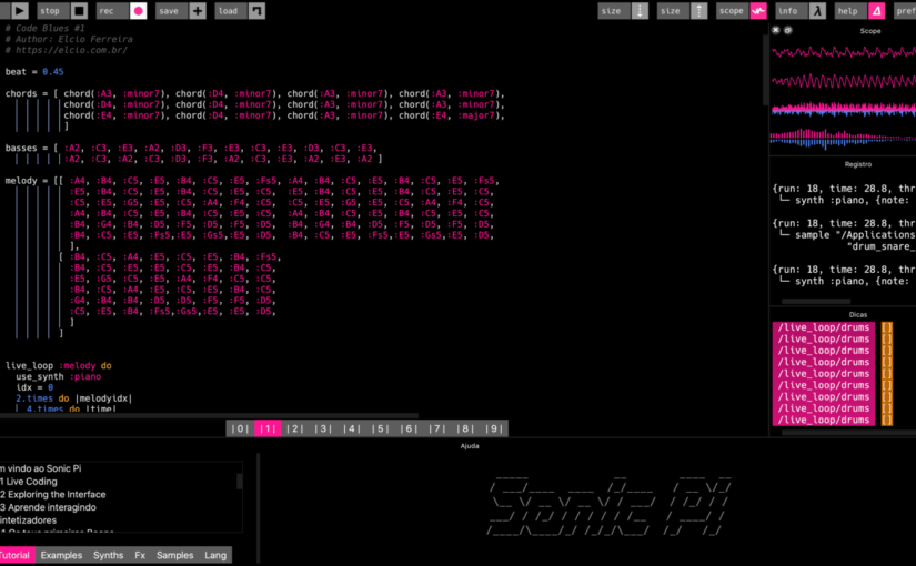 Screenshot do Sonic Pi com o código que toca um Blues