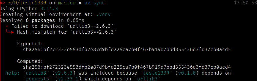 Tela de terminal. Simulação de ataque de supply chain mostrando como o uv pode barrar a instalação de pacotes Python comprometidos.