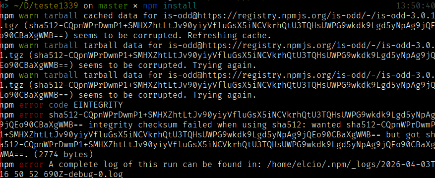 Tela de terminal. Simulação de ataque de supply chain mostrando como o npm pode barrar a instalação de pacotes JavaScript comprometidos.